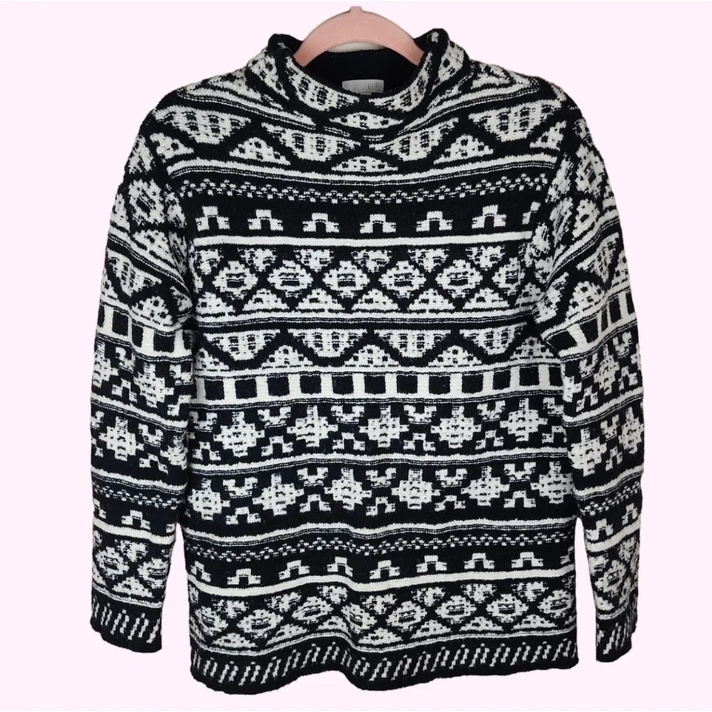 J. Jill Oversized Mock Neck Cotton Wool Blend Fair Isle Pullover Sweater XS